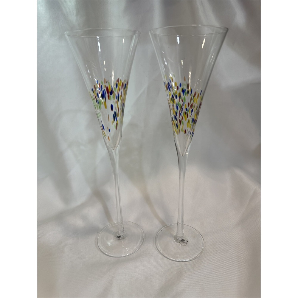 Very Tall Millefiori Confetti CHAMPAGNE FLUTE GLASSES Set Of 2 Crystal Thin Stem